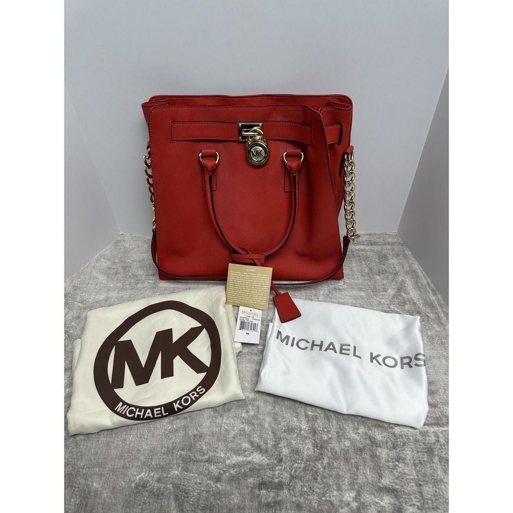 Michael Kors Hamilton Large Orange Tote Bag Purse Gold Chain‎ Leather Handbag